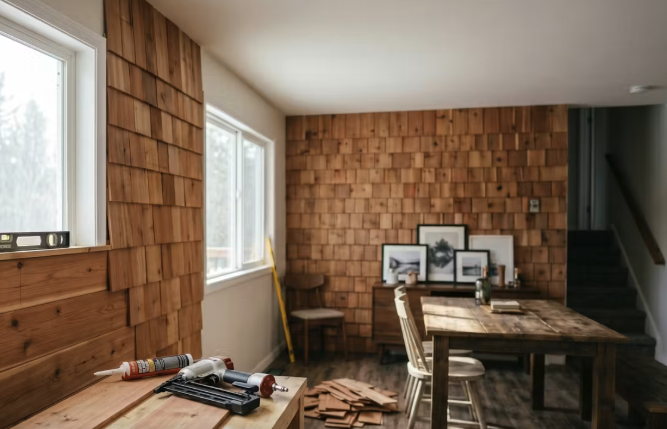 Dining room accent wall built with cedar shingles DIY project