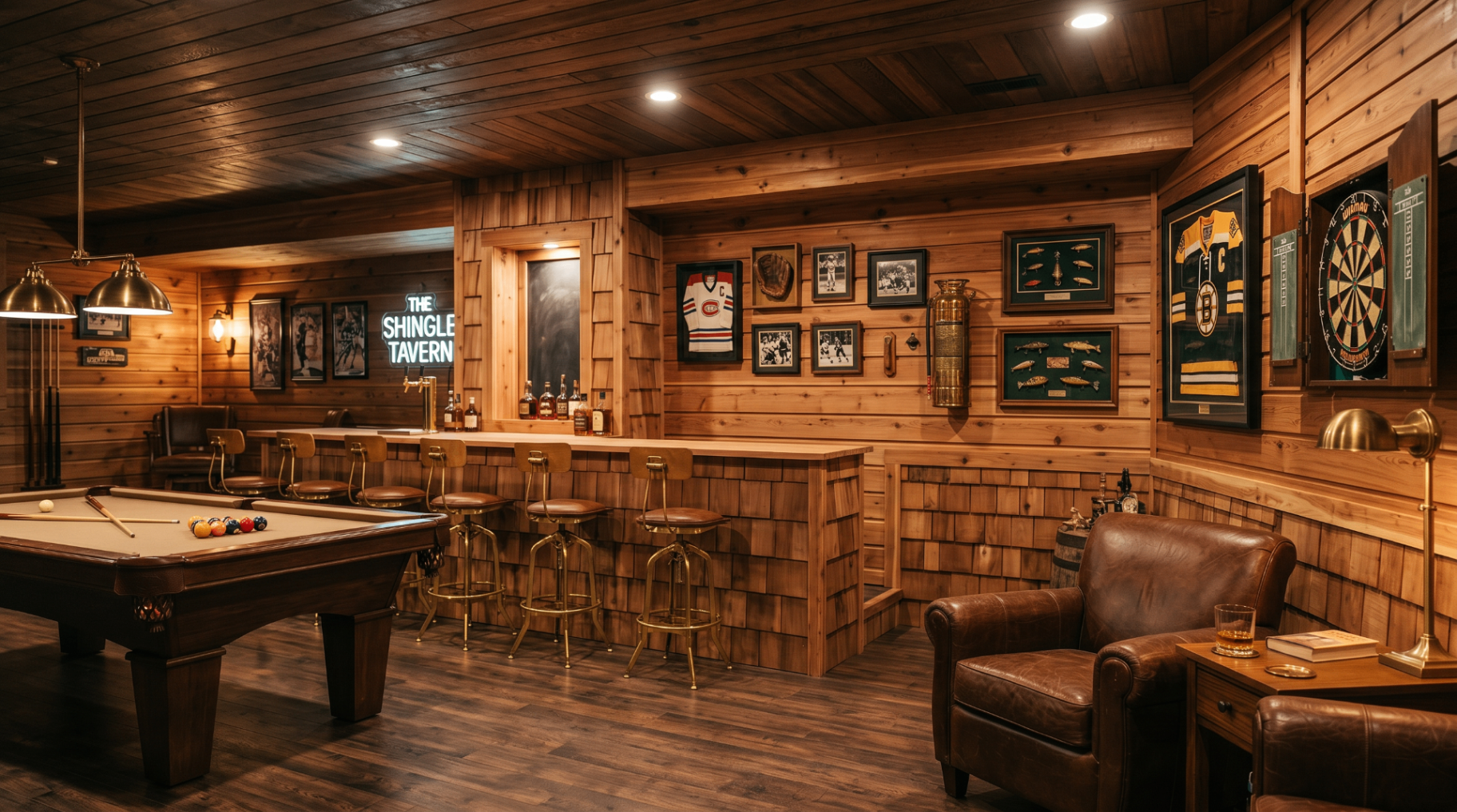 Man cave interior accent wall covered in Western Red Cedar Shingles